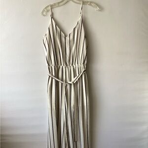 One Heart Striped V-Neck Wide-Leg Jumpsuit in Ivory and black